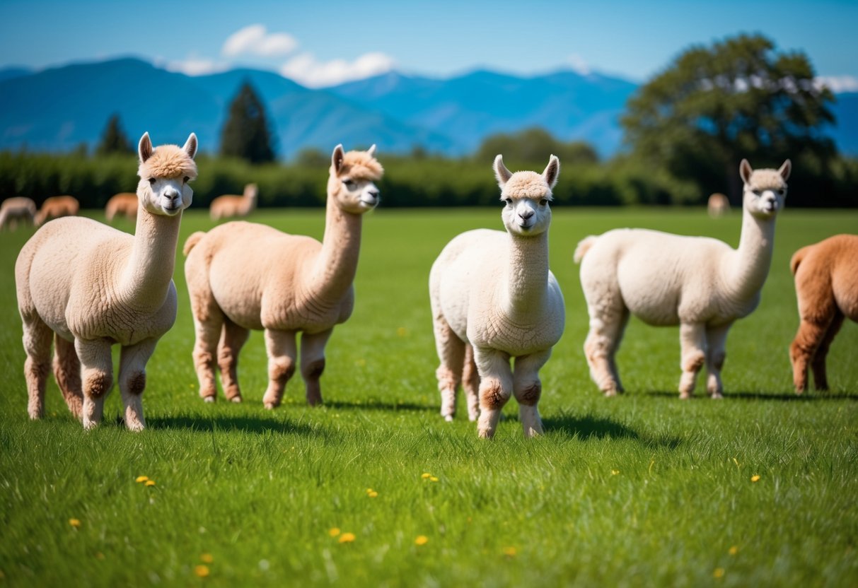 A group of alpacas grazing in a lush green field, with a clear blue sky and mountains in the distance