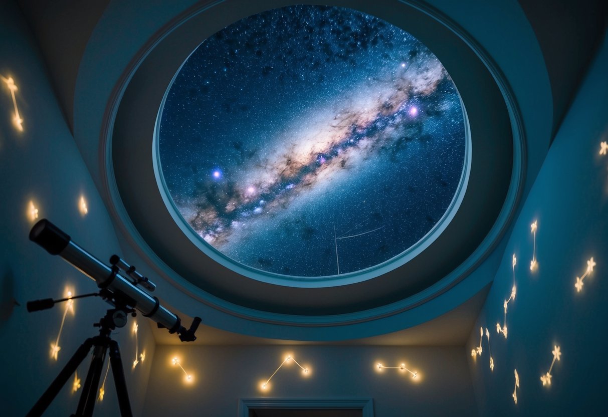 Starry sky projected on domed ceiling, telescope pointed at distant galaxies, glowing constellations on walls, dimmed lighting creating a romantic atmosphere