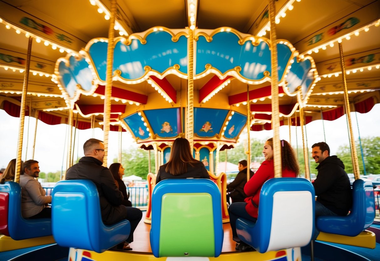 People riding on a colorful carousel with bright lights and cheerful music at an amusement park