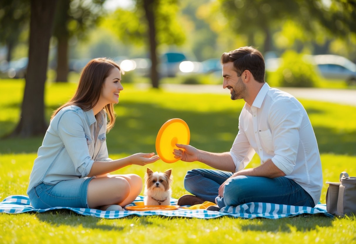 A couple picnicking in a park with a small pet, playing frisbee and enjoying a sunny afternoon