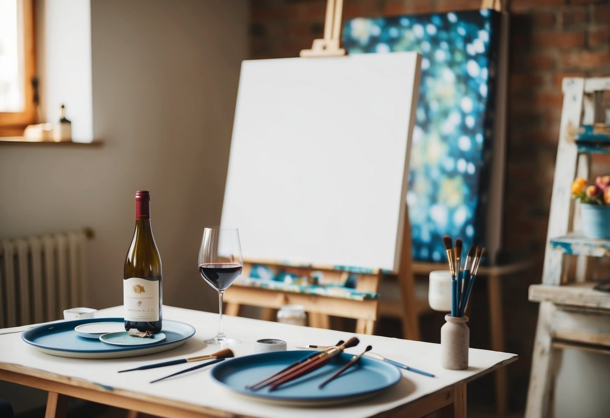 A cozy art studio with a table set for two, featuring a bottle of wine, paintbrushes, and a blank canvas ready for creativity to flow