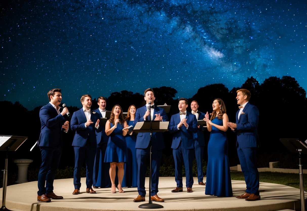 An a capella group performs under a starry night sky in an outdoor amphitheater