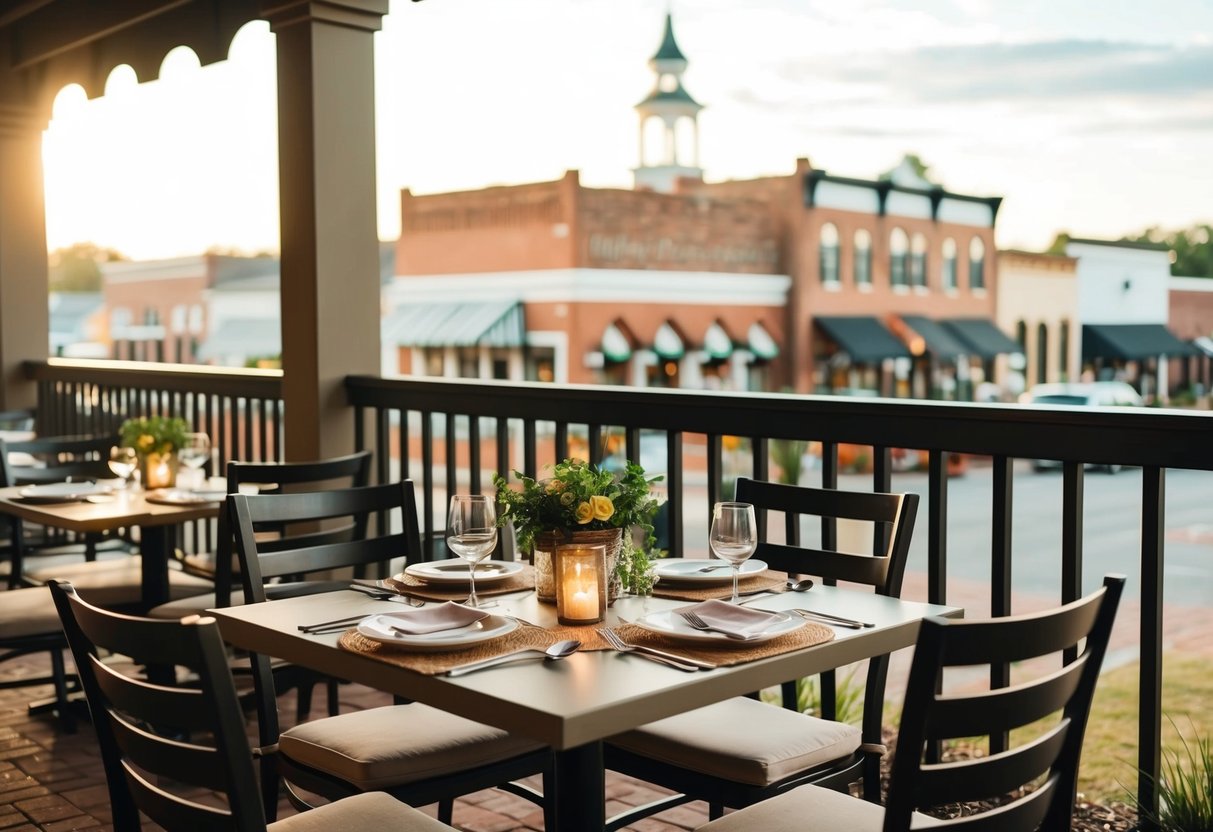 A cozy outdoor table at a charming restaurant in Aiken, SC, with soft lighting and a view of the historic downtown area