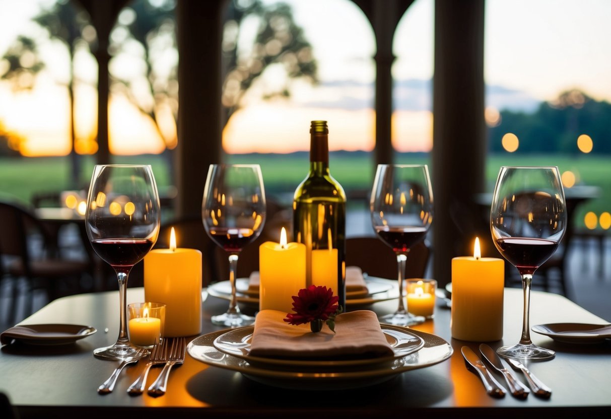 A romantic table set with candles and wine at The Willcox, Aiken, SC