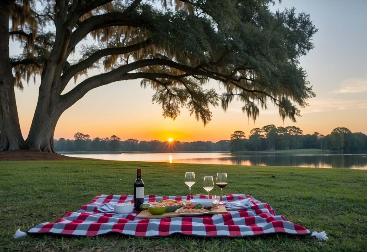 A cozy picnic blanket laid out under a large oak tree, with a spread of food and wine, as the sun sets over the tranquil Virginia Acres Park in Aiken, SC