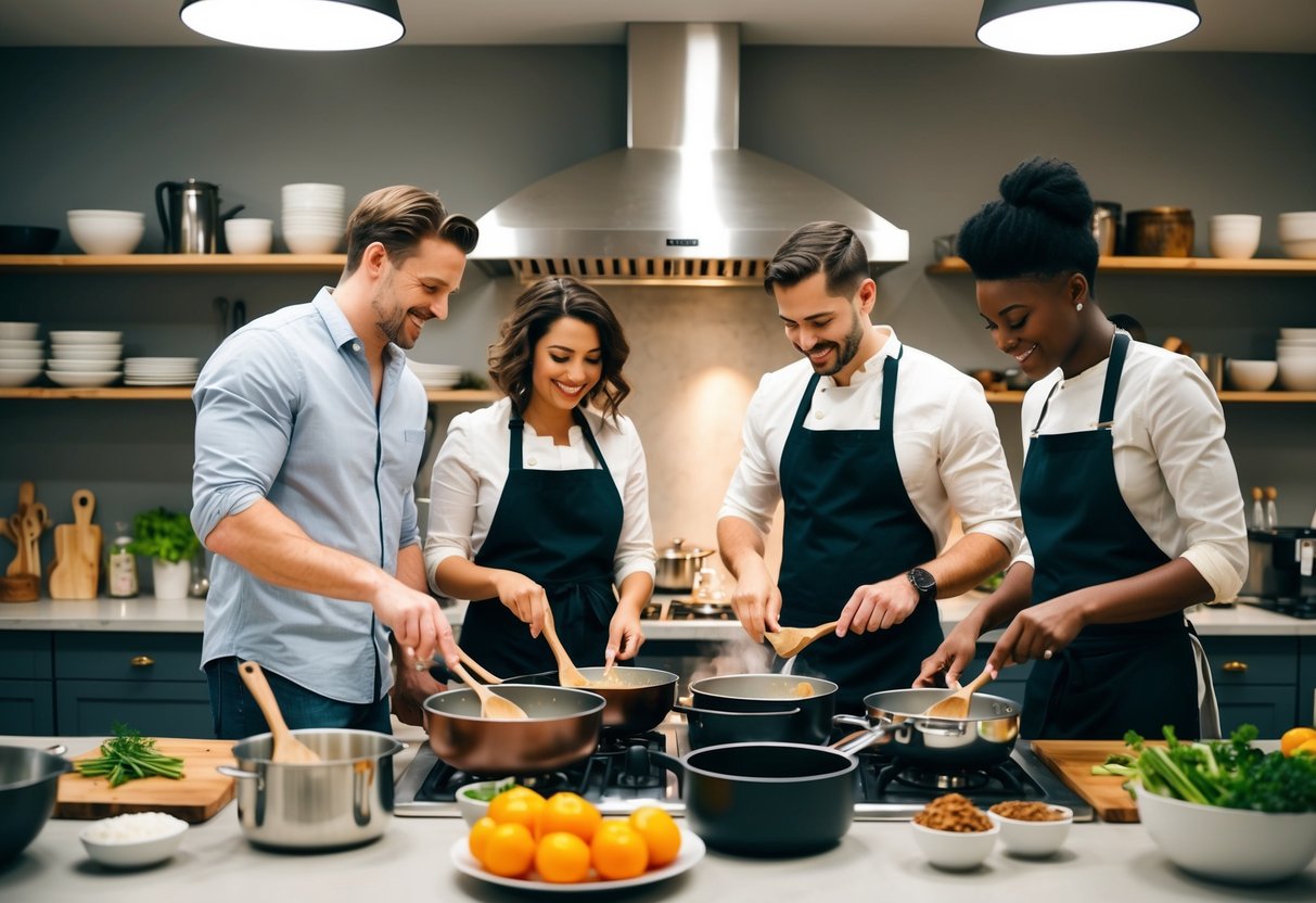 A well-lit kitchen with couples cooking together, surrounded by pots, pans, and fresh ingredients at Elements Cooking School in Aiken, SC