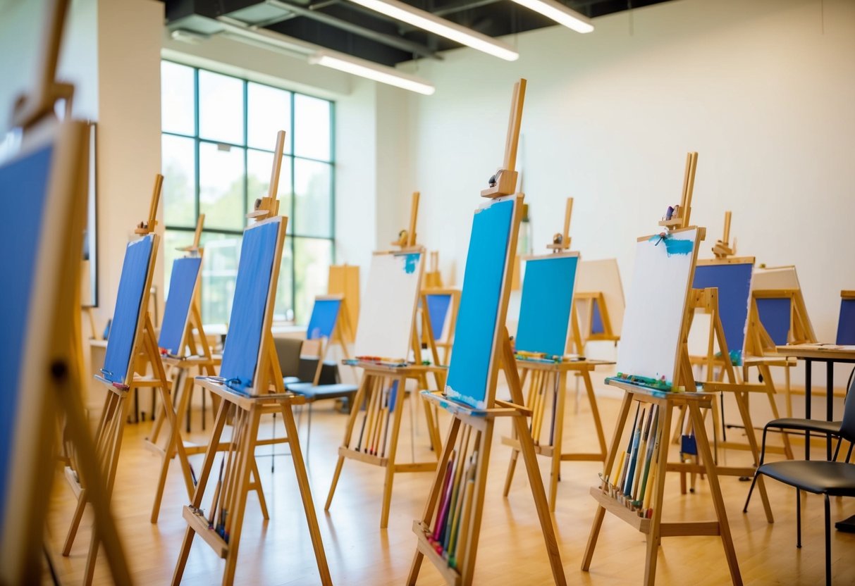 An art class at Aiken Center for the Arts, with easels, paintbrushes, and canvases arranged in a brightly lit studio space