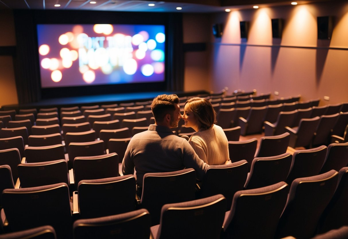 A couple sits in a dimly lit theater, surrounded by rows of empty seats. The screen glows with the colors of a movie, casting a warm ambiance over the room