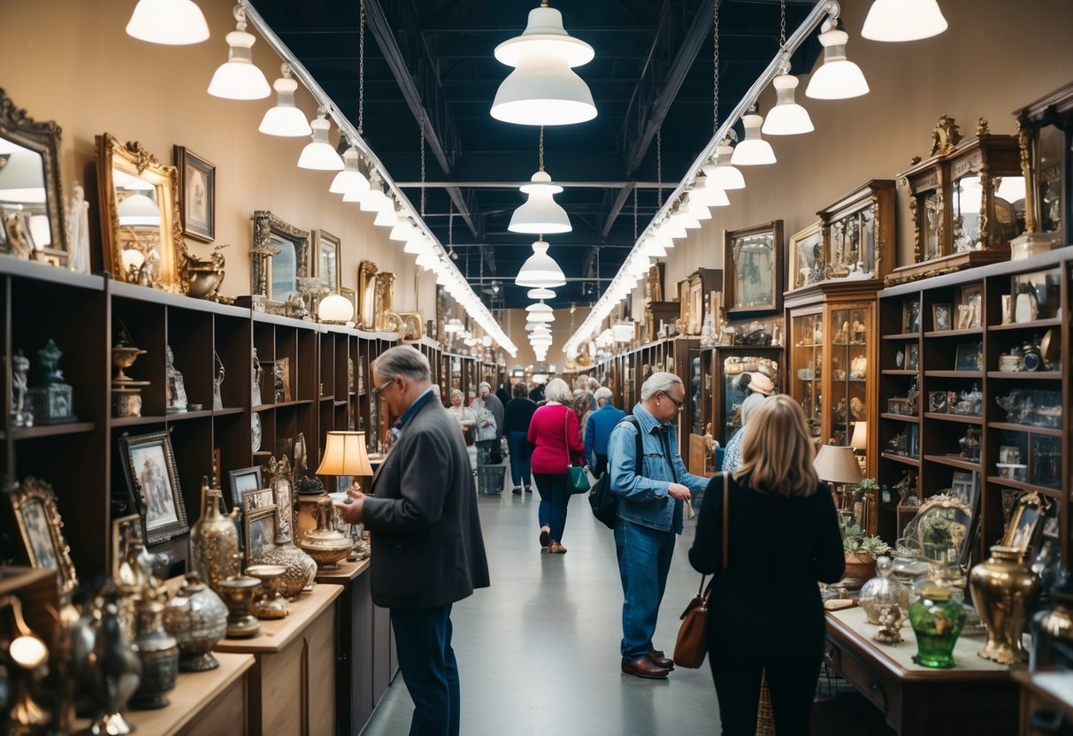 A bustling antique mall with a variety of vintage items displayed in well-lit booths, shoppers browsing and admiring the unique treasures