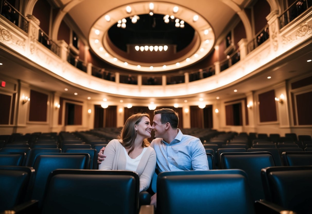 The Etherredge Center: A couple enjoys a performance in a grand theater with elegant decor and soft lighting