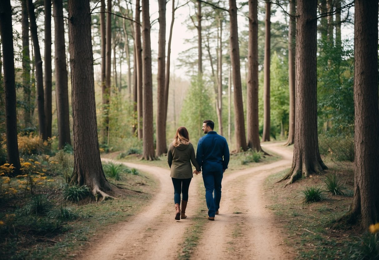 A couple walks through the winding trails of Hitchcock Woods, surrounded by tall trees and the sounds of nature