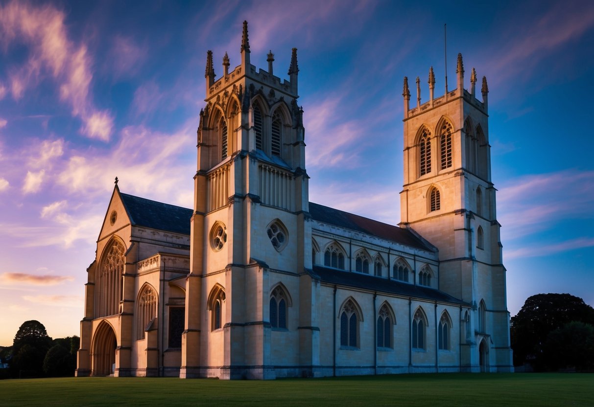 The Mead Hall Church stands tall and majestic, its intricate Gothic architecture illuminated by the soft glow of the evening sun