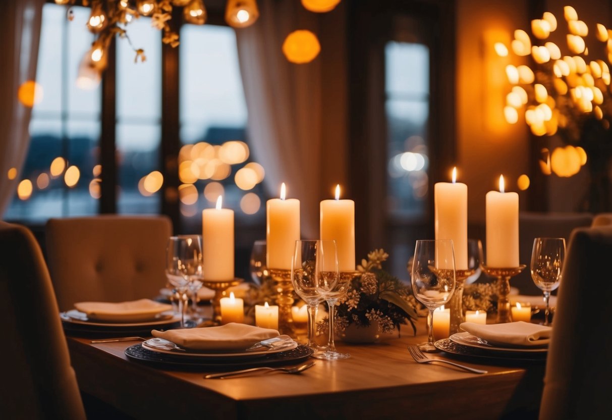A cozy table set with candles and dinnerware, surrounded by a warm glow in a romantic setting