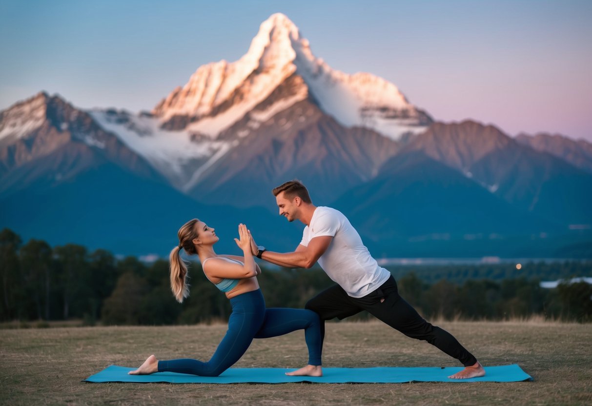 A couple practices yoga in front of the majestic Sol Himalaya mountains during a romantic date night in Aiken, SC