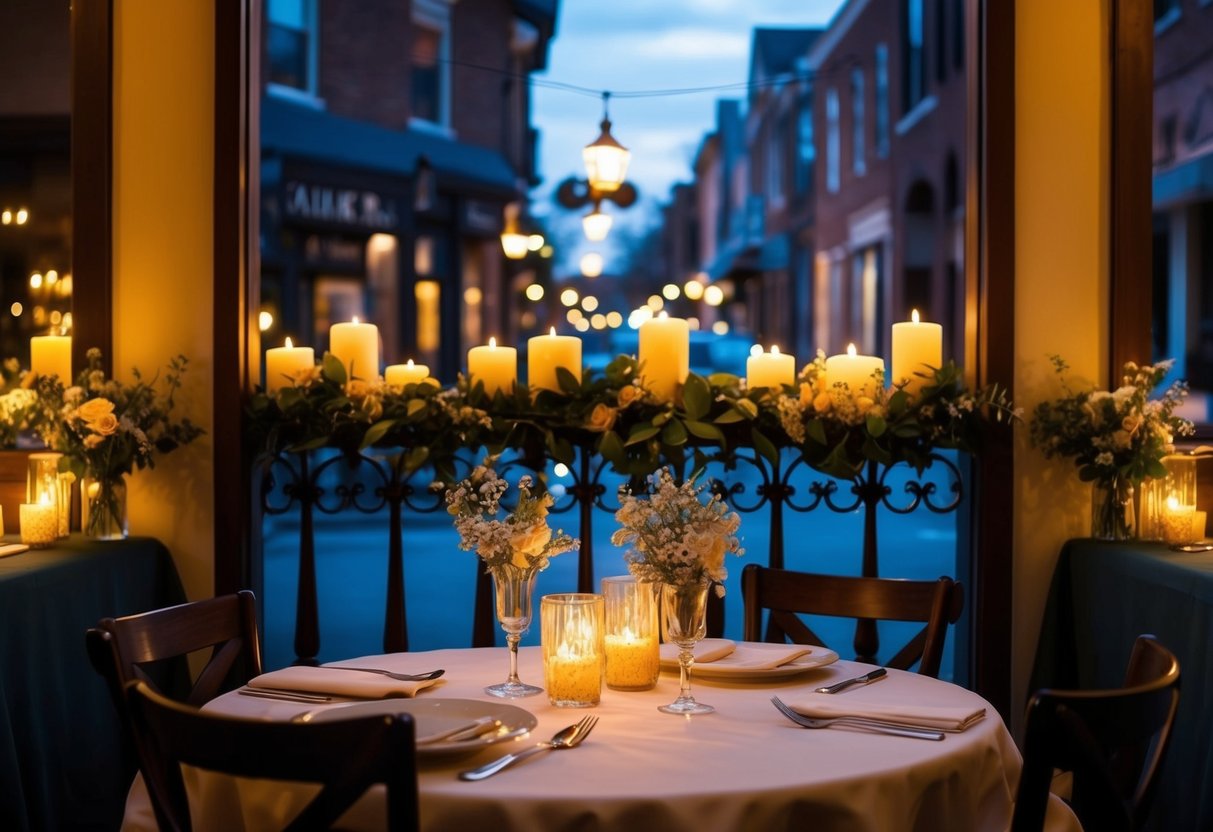 A cozy table for two in a dimly lit restaurant, adorned with flickering candles and delicate flowers, overlooking a charming street in Aiken, SC