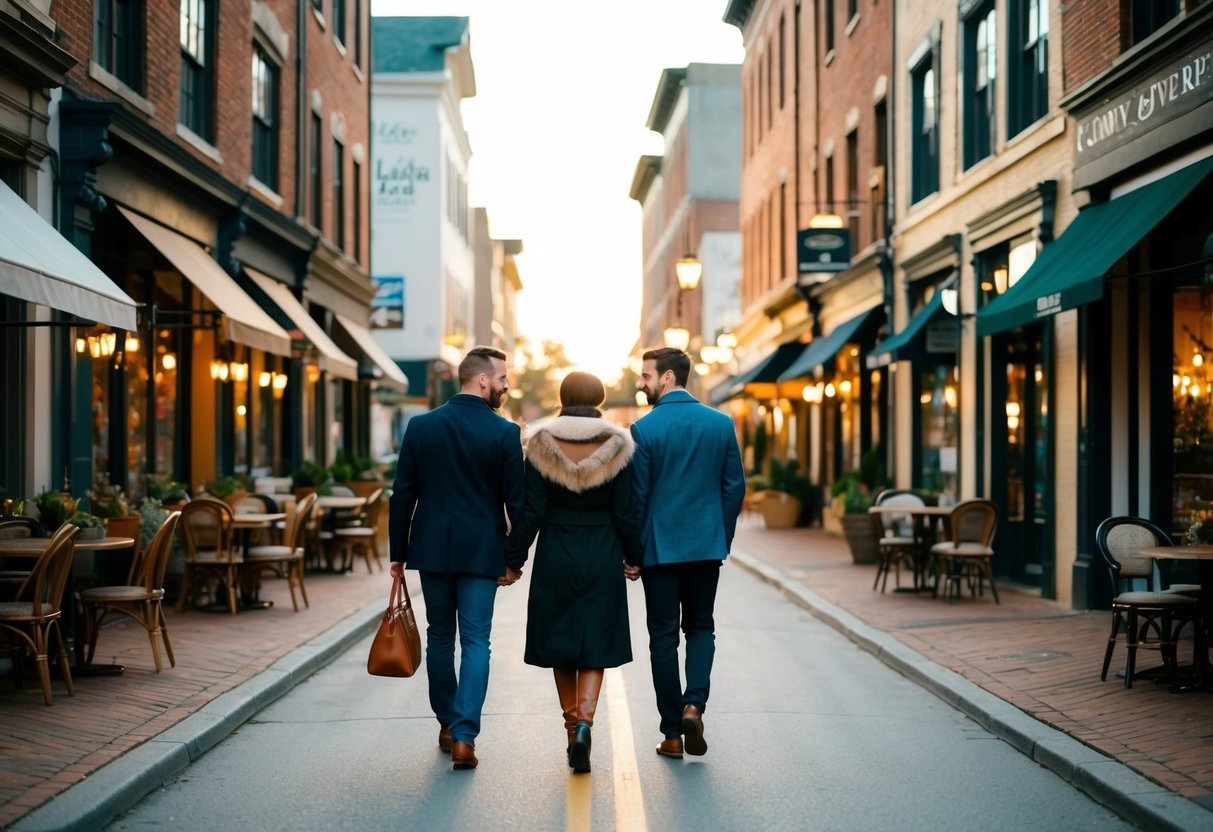 A couple strolling through a charming downtown street, passing by cozy cafes and art galleries, with the warm glow of streetlights illuminating the evening