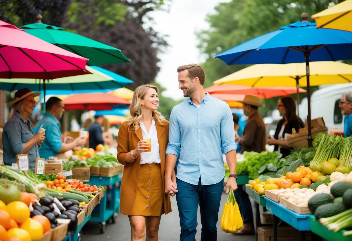 A couple strolls through a vibrant farmers market, sampling local produce and chatting with friendly vendors under a canopy of colorful umbrellas