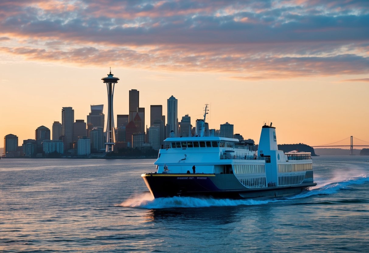 A ferry glides across the water, with Bainbridge Island in the distance. The Seattle skyline stands tall in the background, as the sun sets behind the city