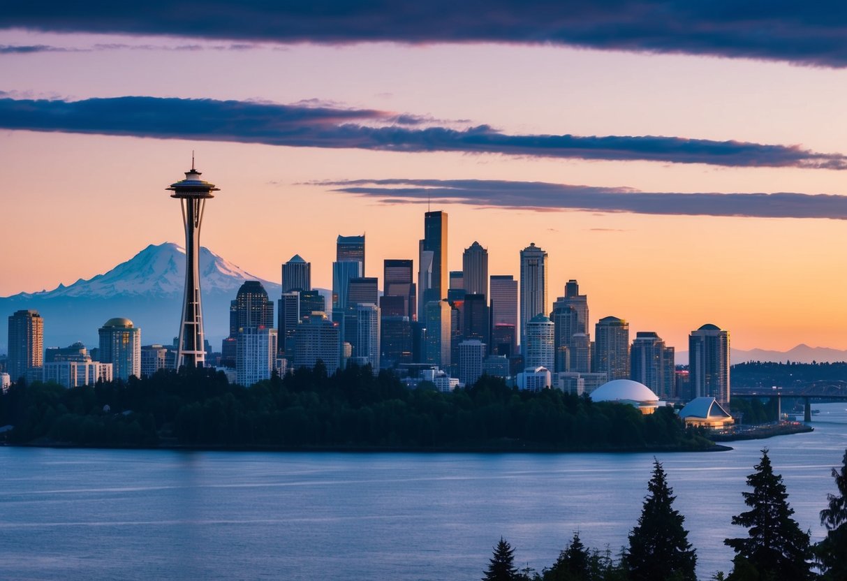 A panoramic view of Seattle's skyline from Kerry Park at sunset, with the Space Needle and Mount Rainier in the background