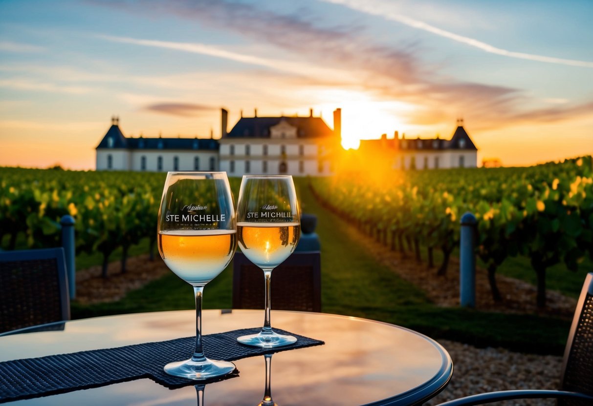 Sunset over vineyard with elegant wine glasses on outdoor table. Chateau Ste. Michelle's grand facade in background