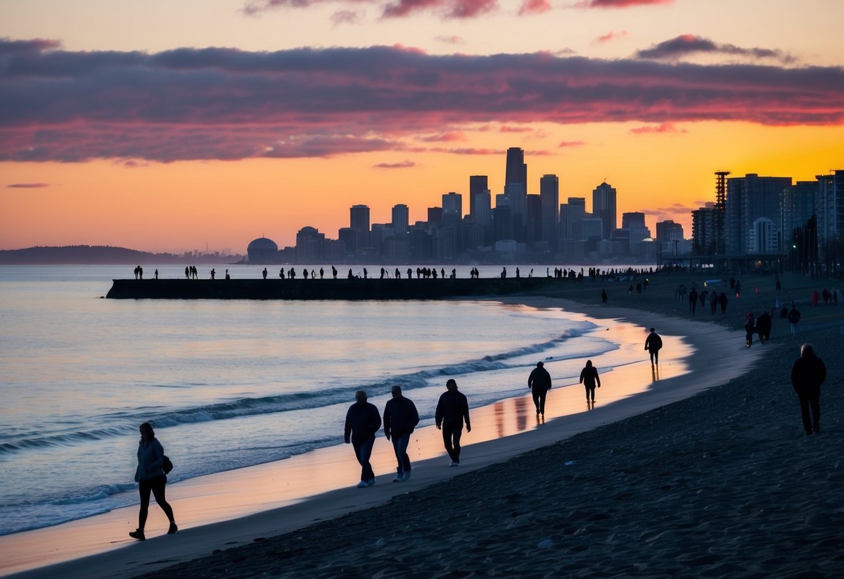A colorful sunset over Alki Beach, with silhouettes of people strolling along the shore and the Seattle skyline in the distance