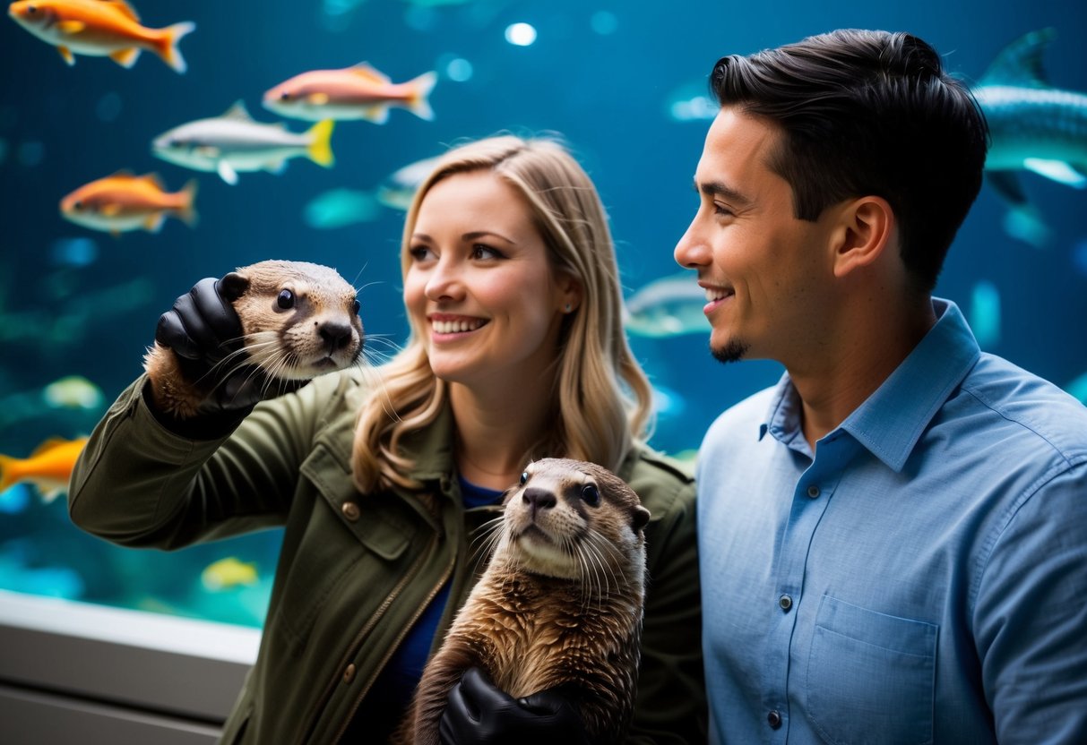 A couple admires colorful fish and playful sea otters at the Seattle Aquarium