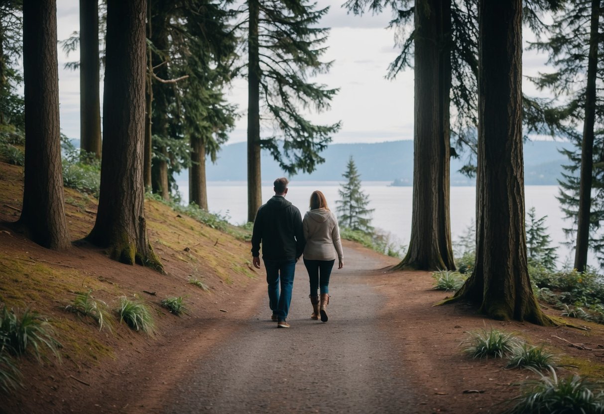 A couple walks along a forested trail in Discovery Park, surrounded by tall trees and glimpses of the Puget Sound