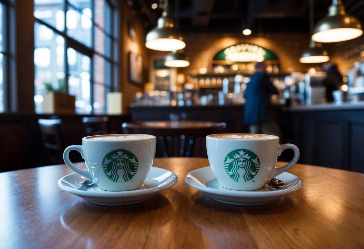 A cozy coffee date at the Original Starbucks, with two cups on a wooden table, surrounded by the vintage decor of the iconic Seattle location