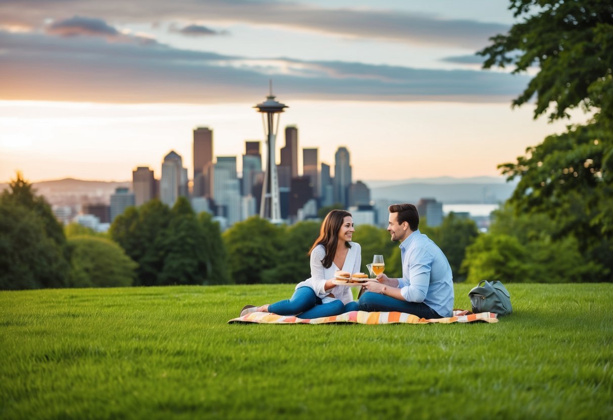 A couple picnicking in a lush, green park with a view of the Seattle skyline and mountains in the background