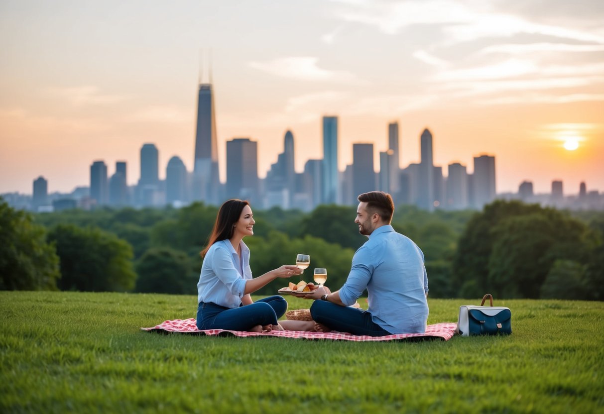 A couple picnicking in a lush park with a view of the city skyline at sunset