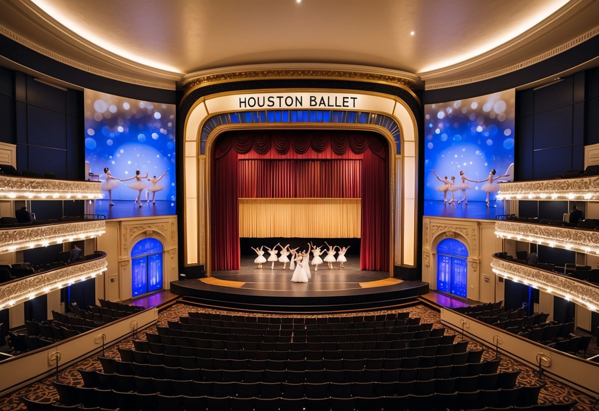 A grand theater with a stage, elegant seating, and a beautiful backdrop of the Houston Ballet performance
