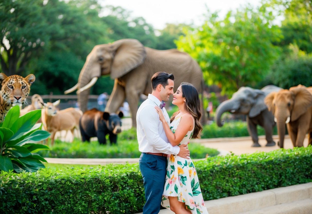 A vibrant and lively scene at the Houston Zoo, with diverse animal species and lush greenery, creating a perfect setting for a romantic date