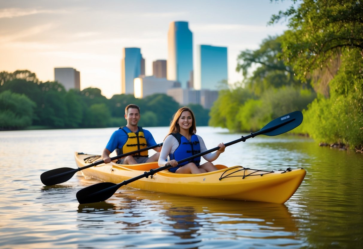 A couple kayaking on the calm waters of Buffalo Bayou Park, surrounded by lush greenery and the Houston skyline in the distance