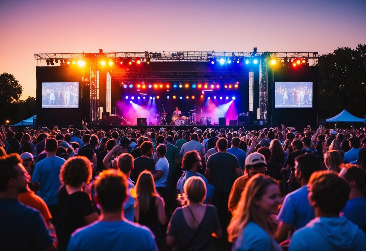 Crowd at outdoor concert, colorful stage lights, band performing on stage, people dancing and enjoying music