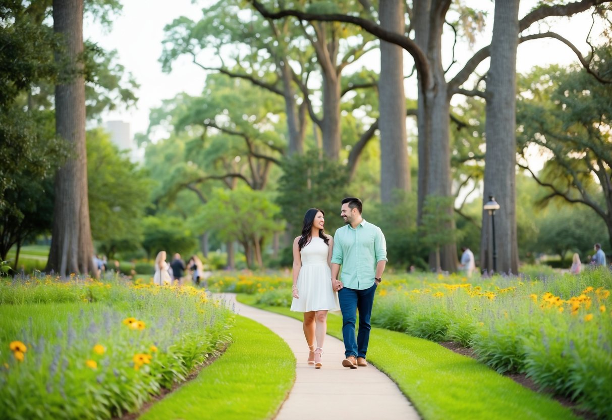 A couple walks through the lush greenery of the Houston Arboretum & Nature Center, surrounded by towering trees and colorful wildflowers. The serene atmosphere provides the perfect backdrop for a romantic date