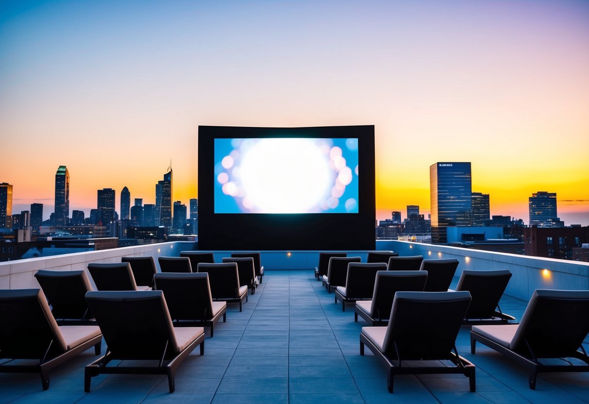 A city skyline at dusk, with a glowing rooftop cinema screen and rows of comfortable lounge chairs under the open sky