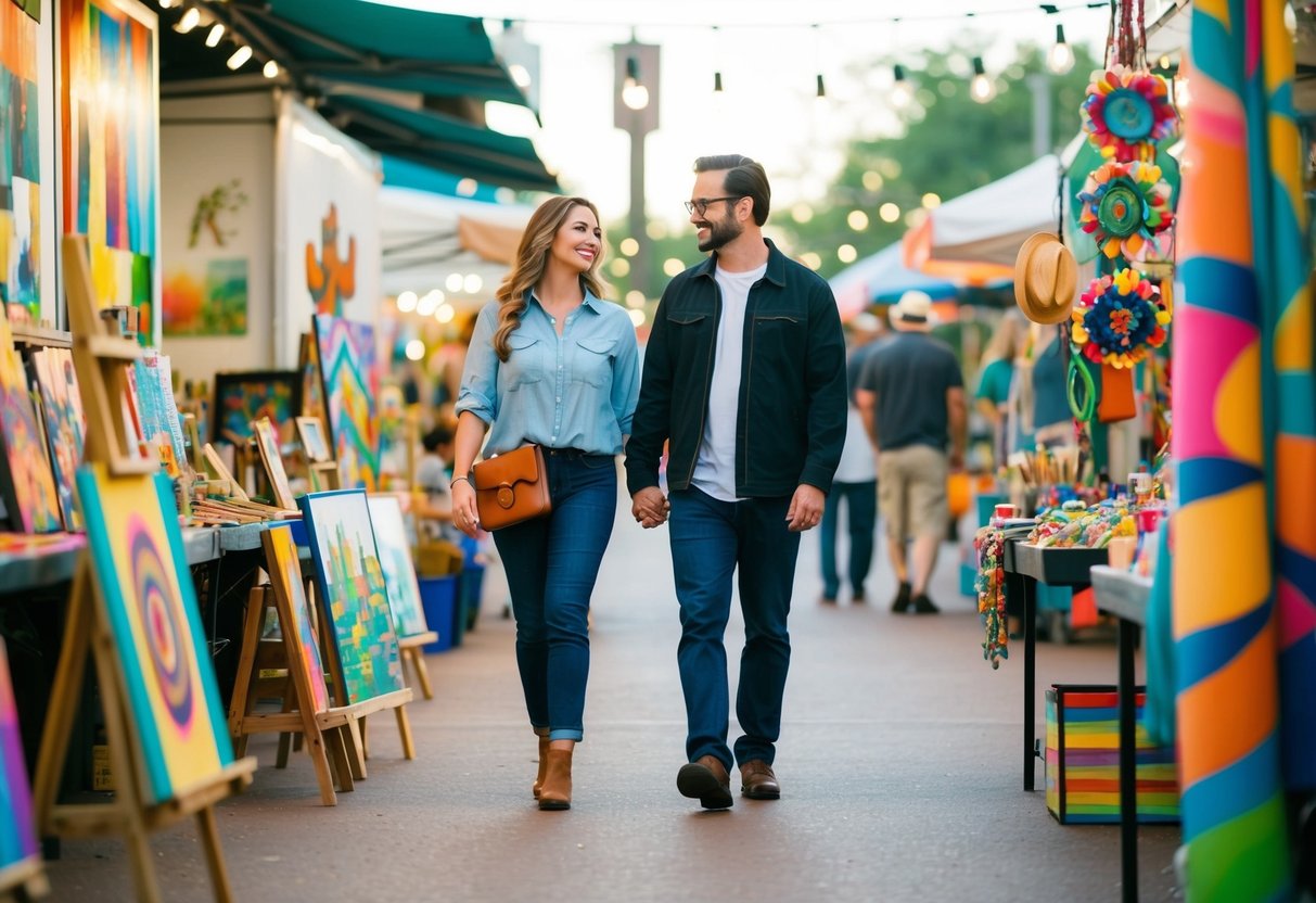 A couple strolling through a vibrant outdoor art market in Houston, surrounded by colorful paintings, sculptures, and handmade crafts