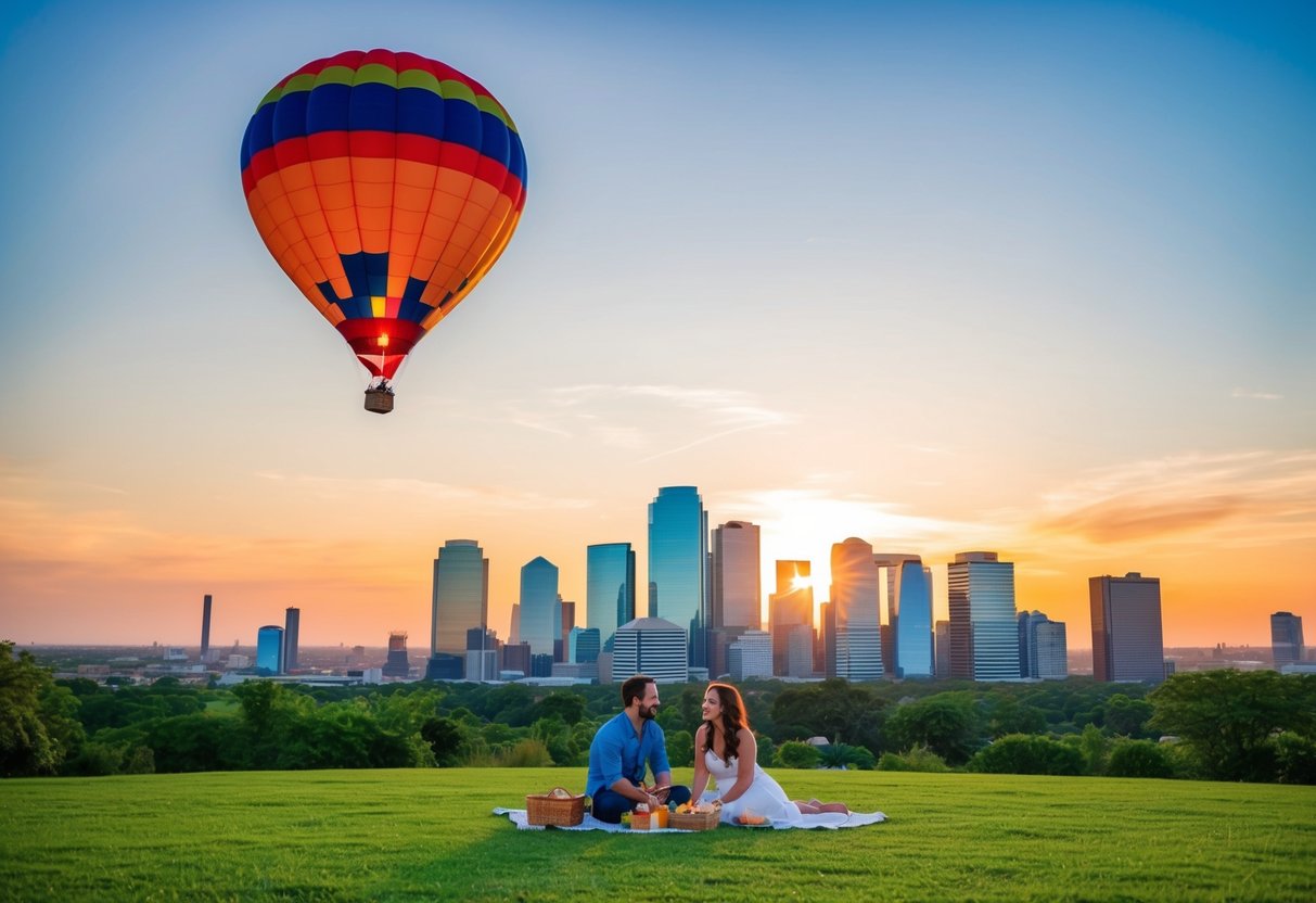 A colorful hot air balloon floats above the Houston skyline at sunset, while a couple enjoys a romantic picnic in a lush park below
