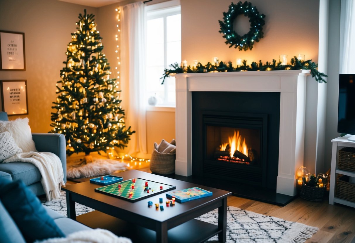 A cozy living room with a crackling fireplace, soft blankets, and a board game set up on the coffee table, surrounded by twinkling fairy lights