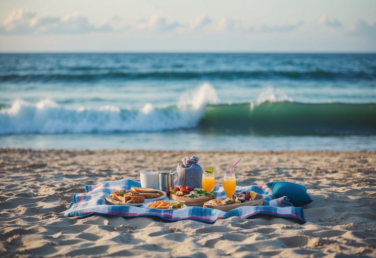 A cozy picnic blanket laid out on the sandy beach, surrounded by a spread of delicious food and drinks, with the ocean waves gently crashing in the background