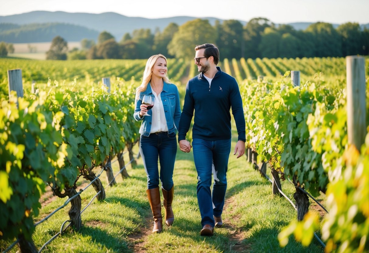 A couple strolls through lush vineyards, sampling wine and enjoying scenic views on a winery tour adventure