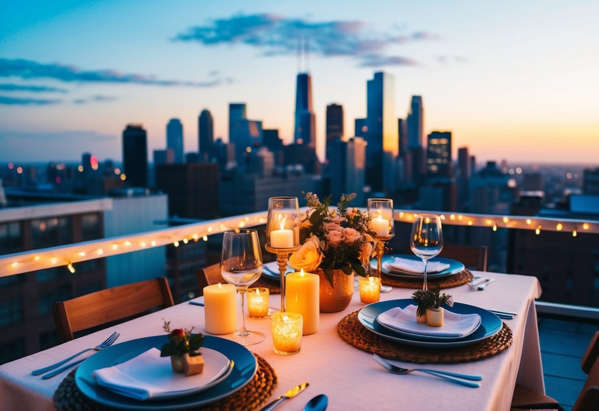 A romantic rooftop dinner overlooking a city skyline with a table set for two, candles, and fairy lights creating a cozy atmosphere