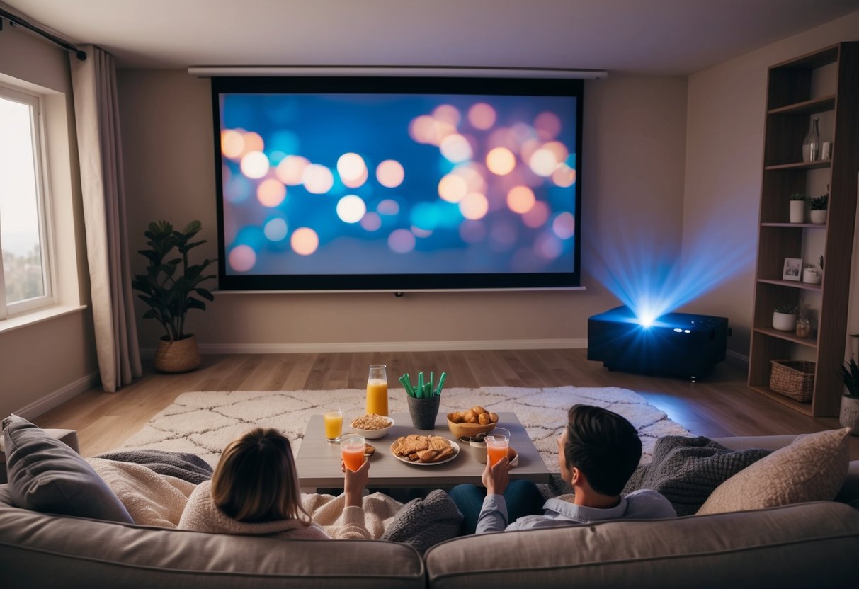 A cozy living room with a large screen and projector, soft blankets, and a spread of snacks and drinks for a private movie night for couples
