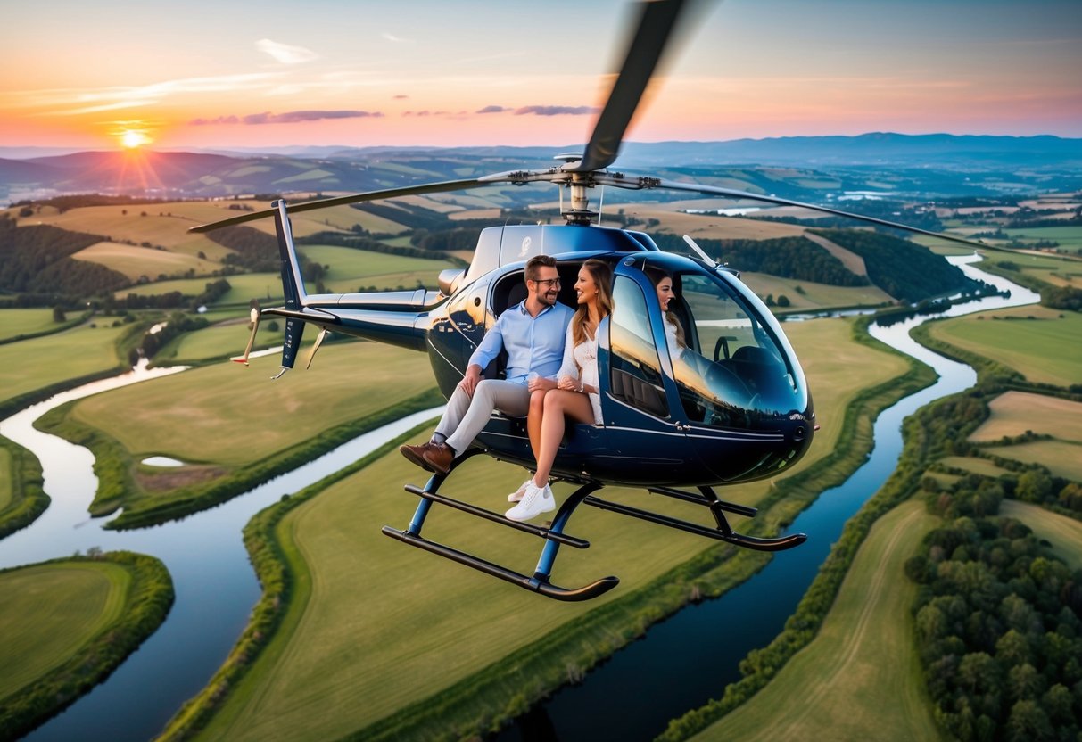 A couple enjoys a scenic helicopter ride over a picturesque landscape, with rolling hills, winding rivers, and a colorful sunset in the distance
