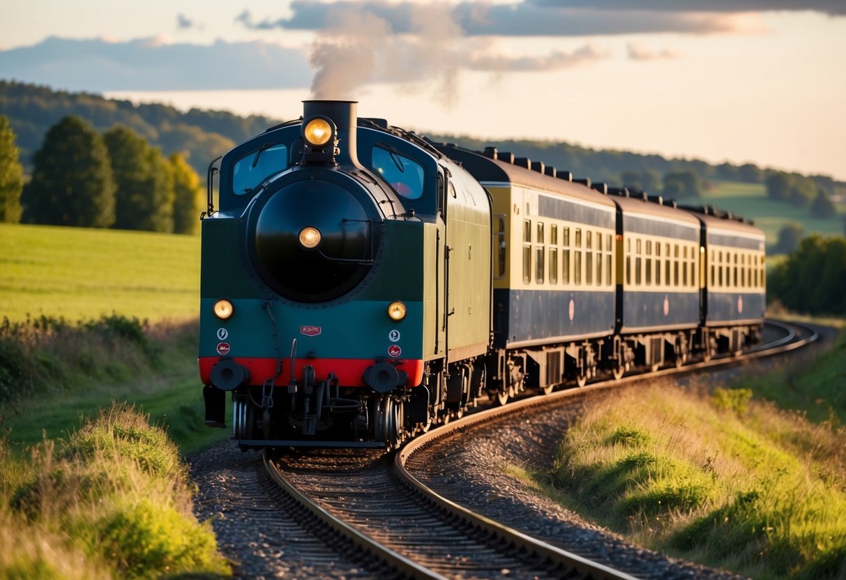 A vintage train chugging through scenic countryside, with a couple enjoying the view from a cozy compartment