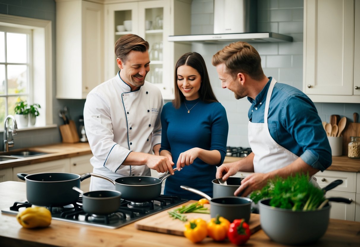 A cozy kitchen with a chef teaching a couple how to cook together, surrounded by pots, pans, and fresh ingredients