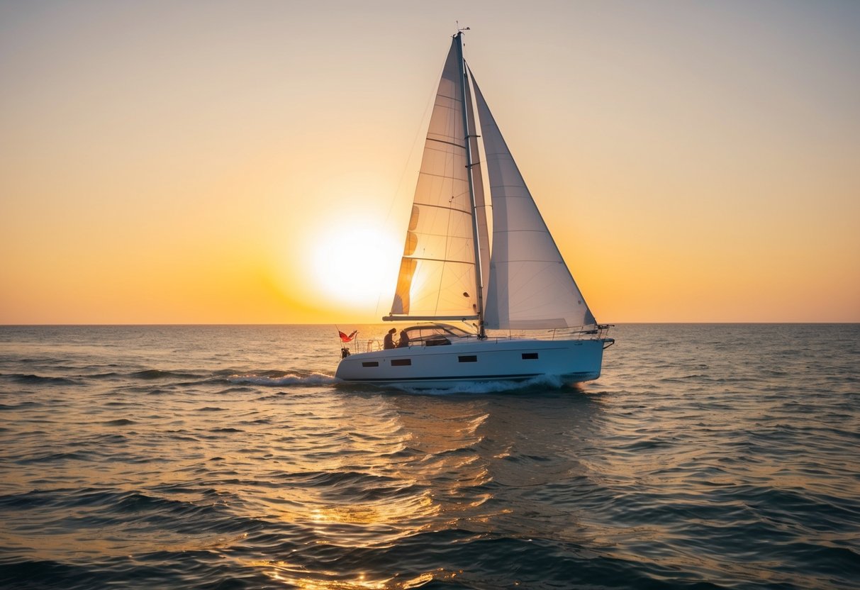 A sailboat glides across the water as the sun sets, casting a warm orange glow over the calm sea