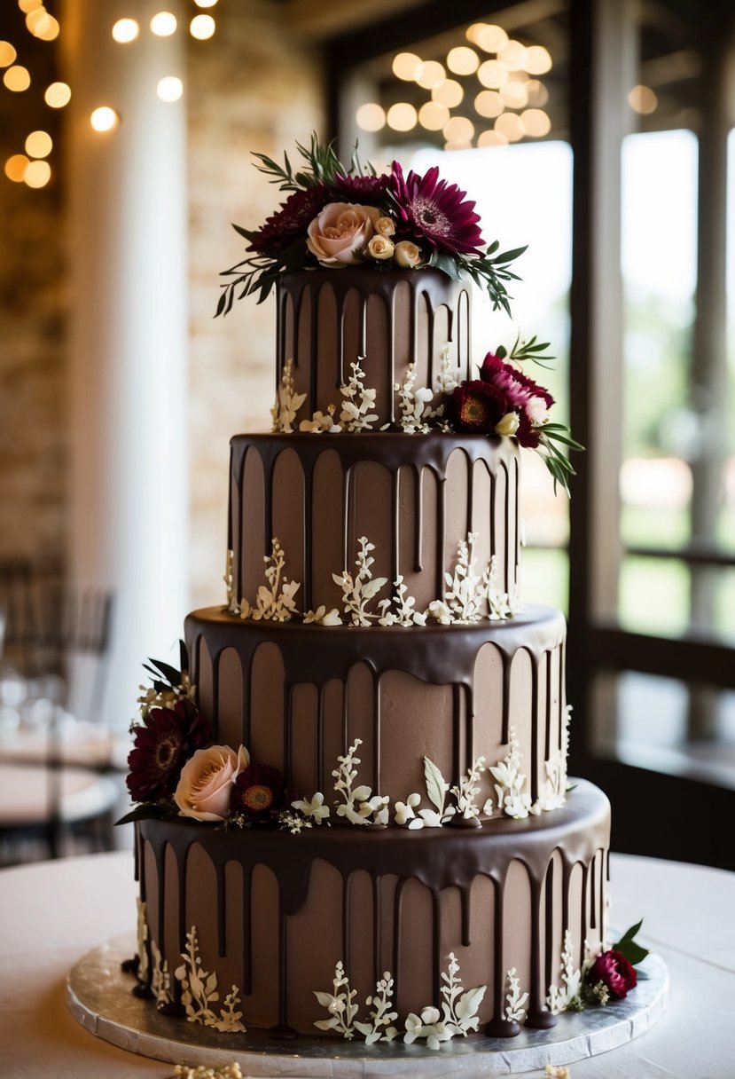 A three-tiered chocolate wedding cake adorned with intricate floral designs and topped with cascading chocolate drizzles