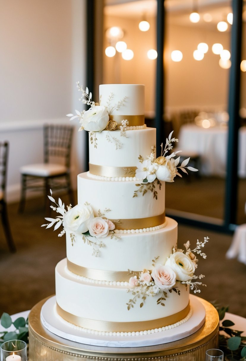A tiered wedding cake adorned with delicate floral decorations and elegant gold accents