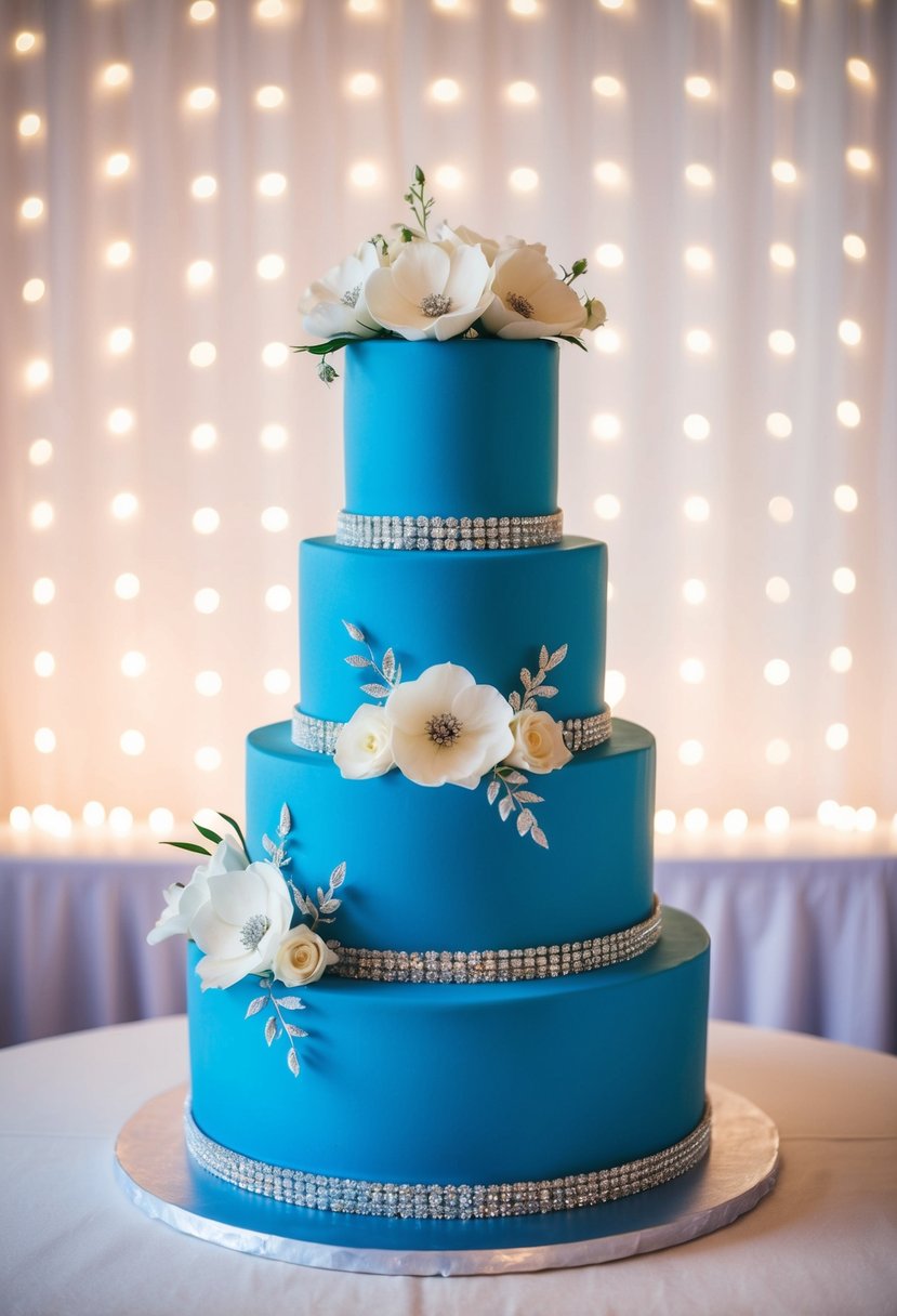 A three-tiered blue wedding cake adorned with delicate white flowers and silver accents sits on a table against a backdrop of twinkling fairy lights